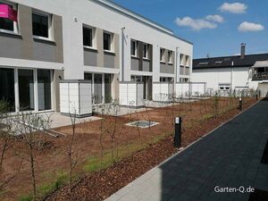 Moderne Reihenhäuser mit Gartenflächen, einem Gehweg und blauen Himmel im Hintergrund.