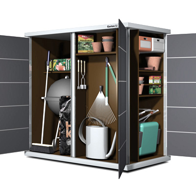 The metal garden tool cabinet