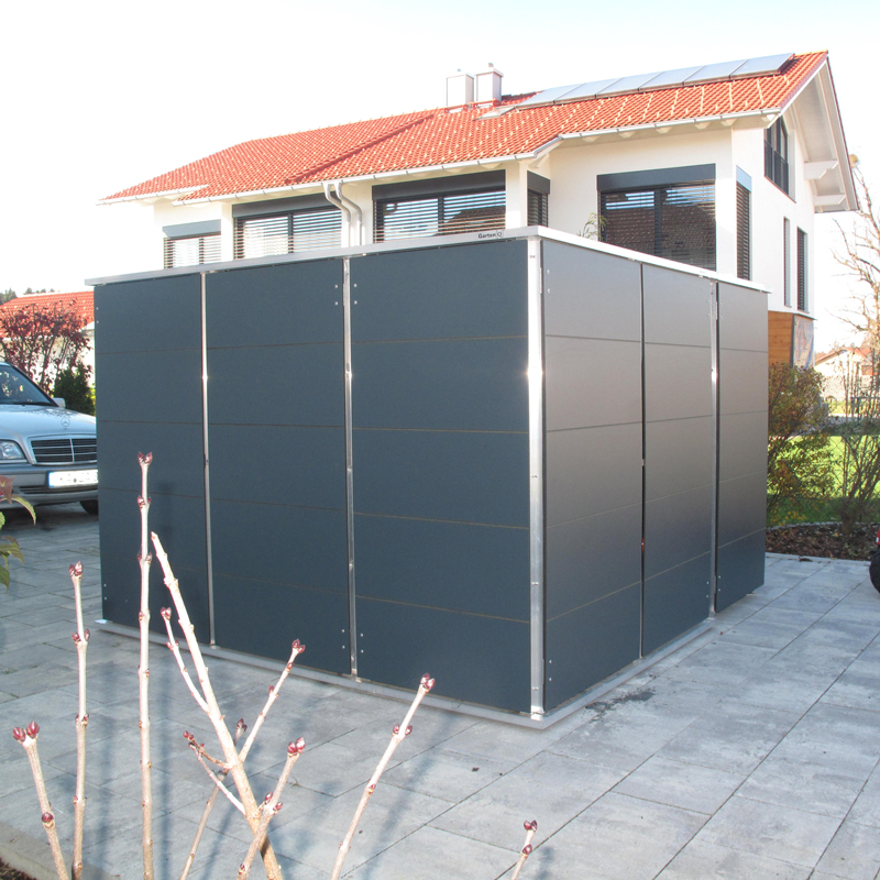 Garden shed flat roof combined with a trash can box